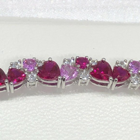 Sterling Silver Ruby, Pink & White Sapphire CLUSTER HEART BRACELET  MSRP $375 - Picture 7 of 11